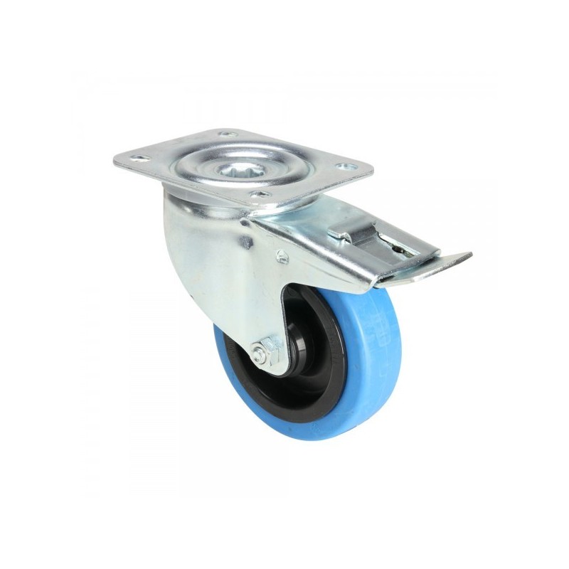 Roulette pivotante bleue pour flight case, avec frein